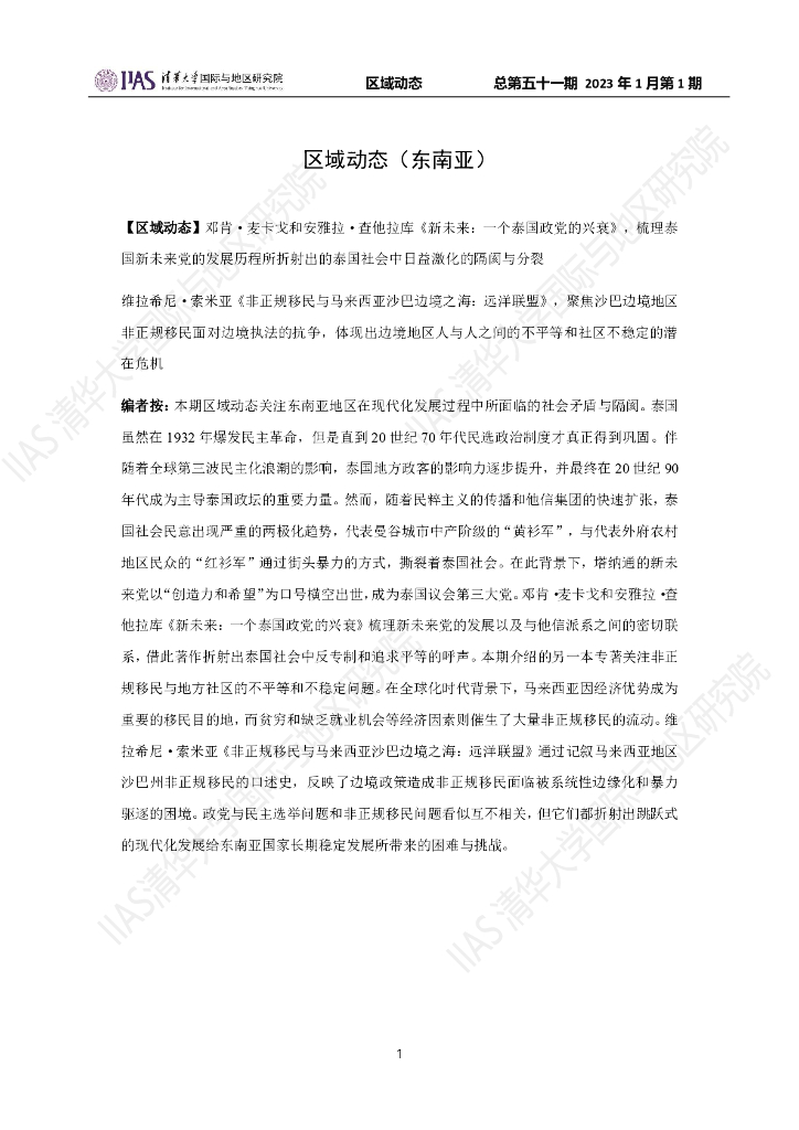 清华大学国际与地区研究院：东南亚地区《区域动态》2023年1月第1期