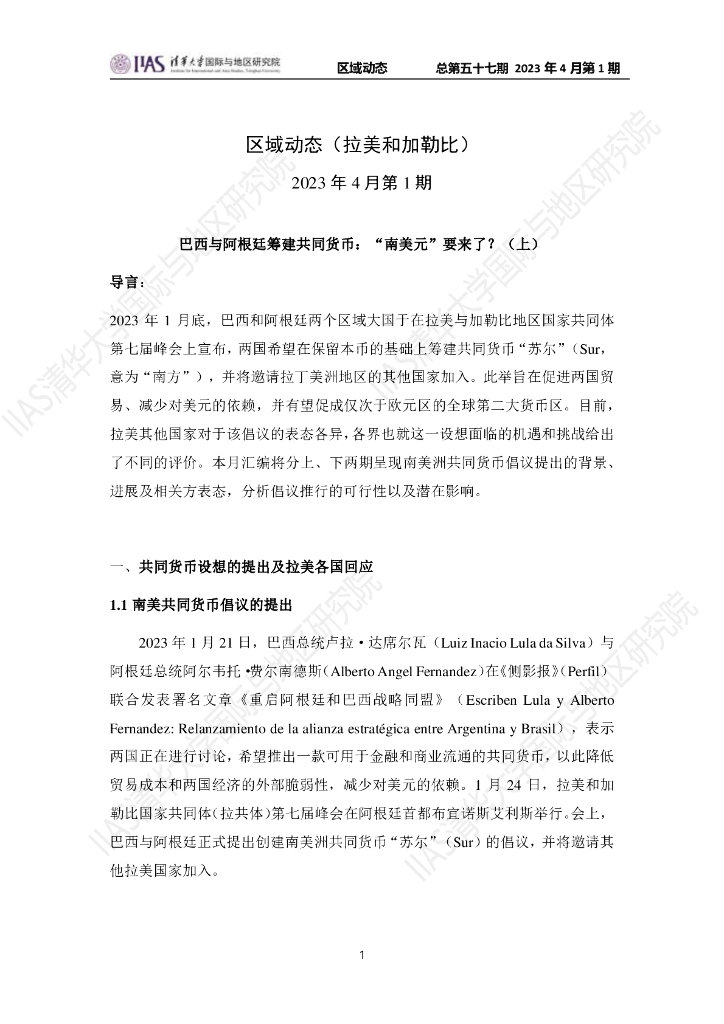 清华大学国际与地区研究院：拉美和加勒比地区《区域动态》2023年4月第1期