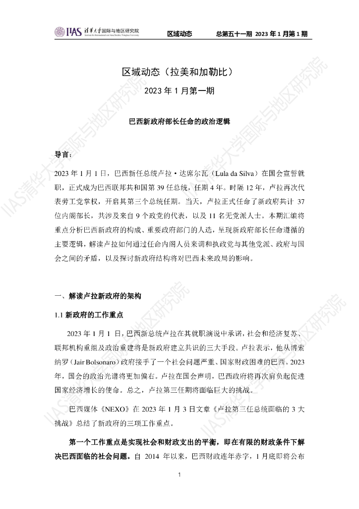 清华大学国际与地区研究院：拉美和加勒比地区《区域动态》2023年1月第1期