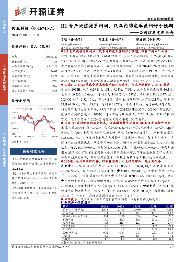 开源证券：兴业科技（002674）-公司信息更新报告：H1资产减值拖累利润，汽车内饰皮革盈利好于预期
