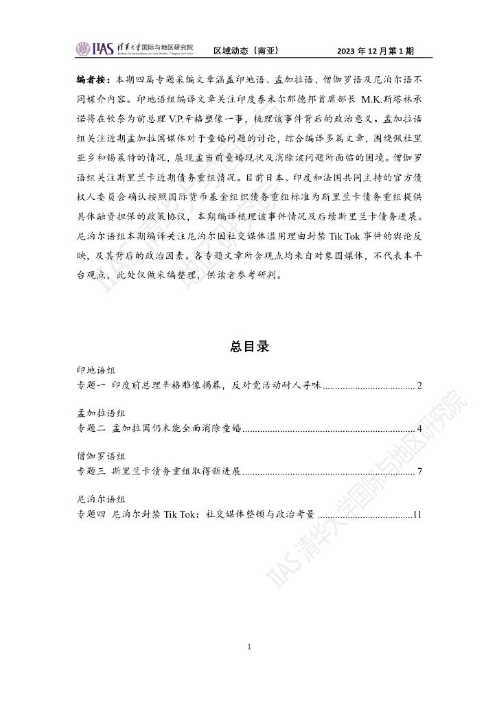 清华大学国际与地区研究院：南亚地区《区域动态》2023年12月1期