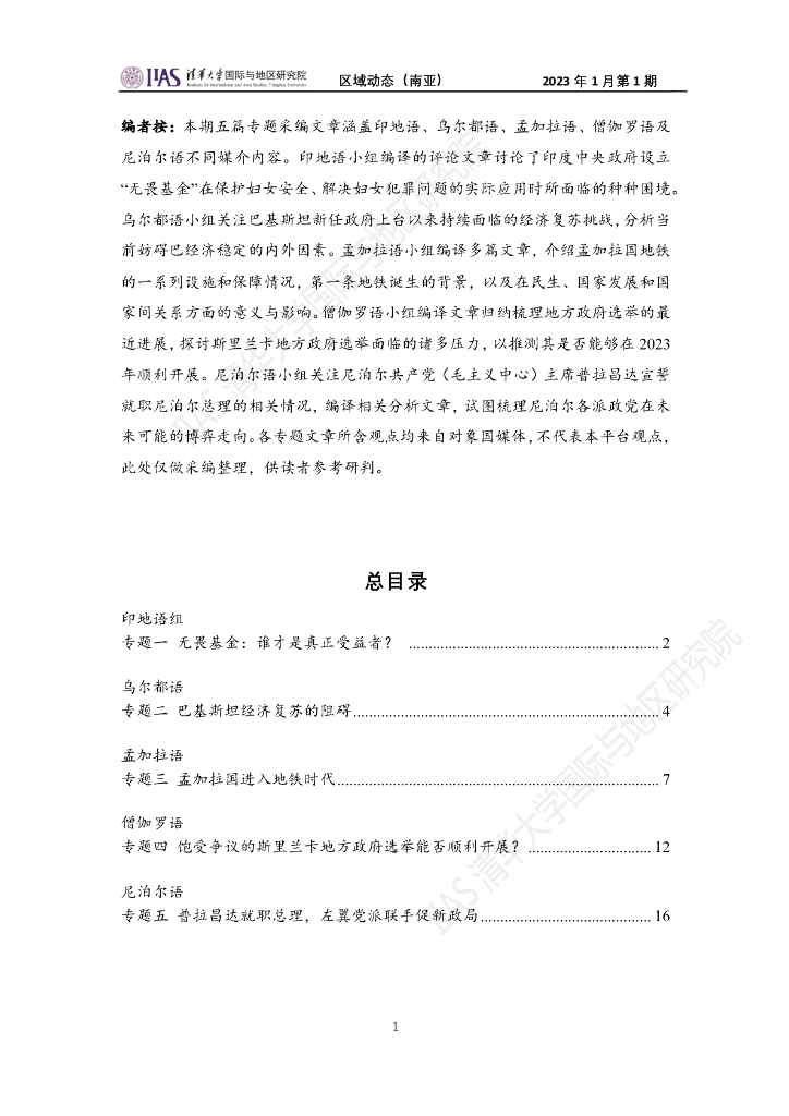 清华大学国际与地区研究院：南亚地区《区域动态》2023年1月第1期