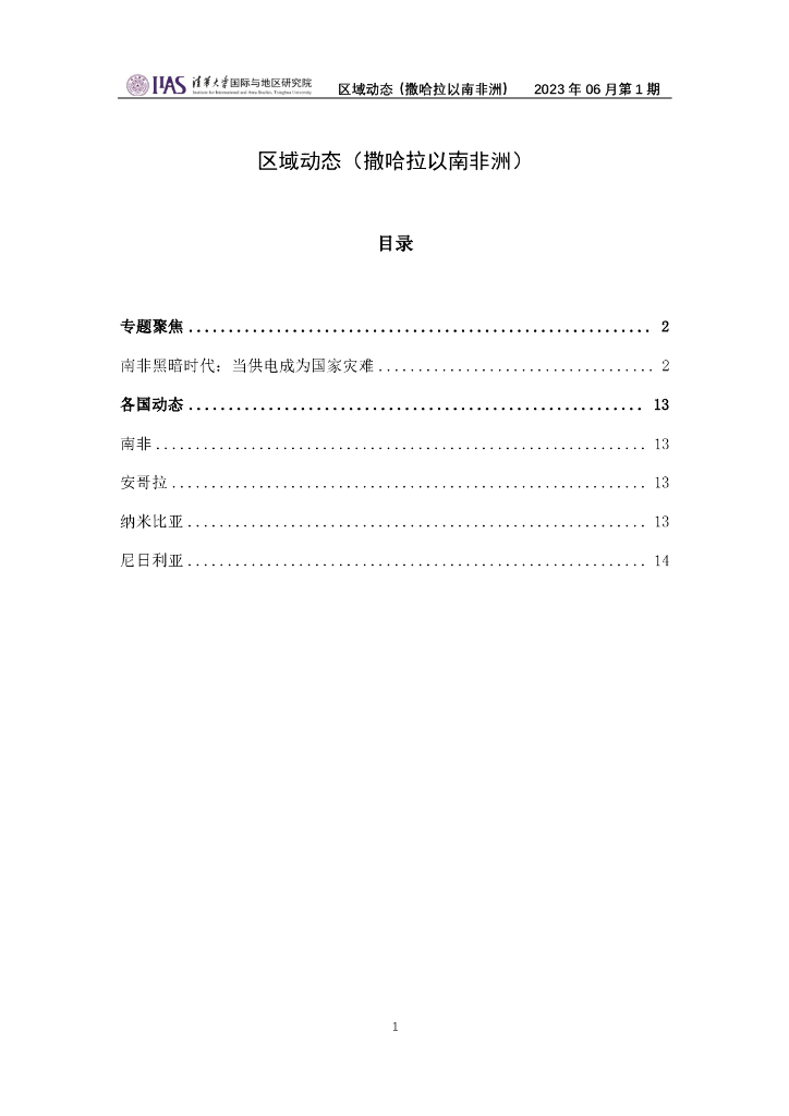清华大学国际与地区研究院：撒哈拉以南非洲地区《区域动态》2023年6月第1期