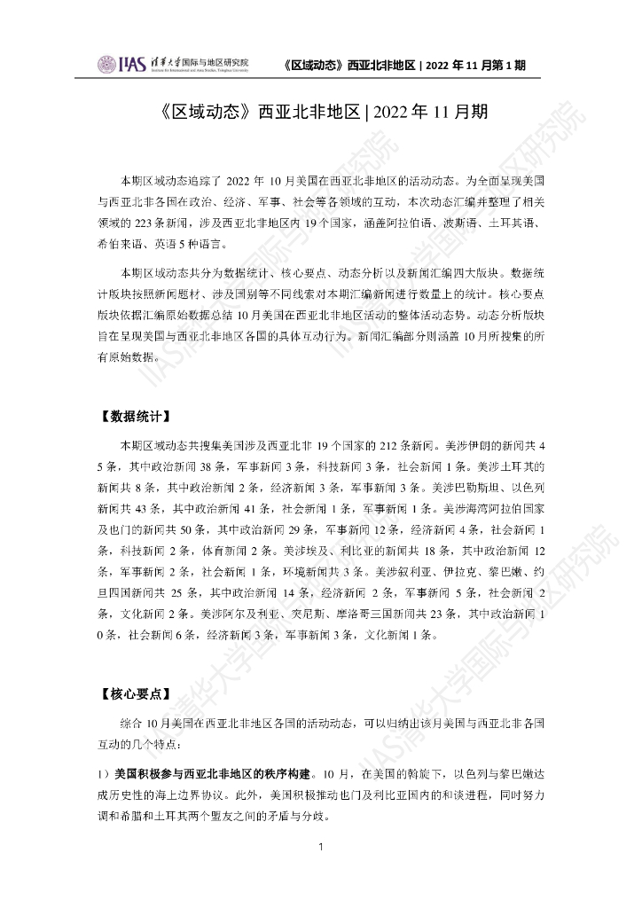 清华大学国际与地区研究院：西亚北非地区《区域动态》2022年11月第1期