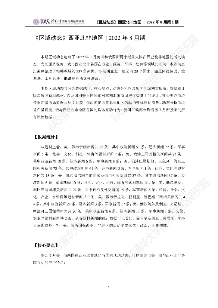 清华大学国际与地区研究院：西亚北非地区《区域动态》2022年8月第1期