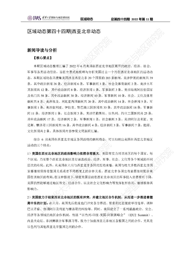 清华大学国际与地区研究院：西亚北非地区《区域动态》2022年第11期