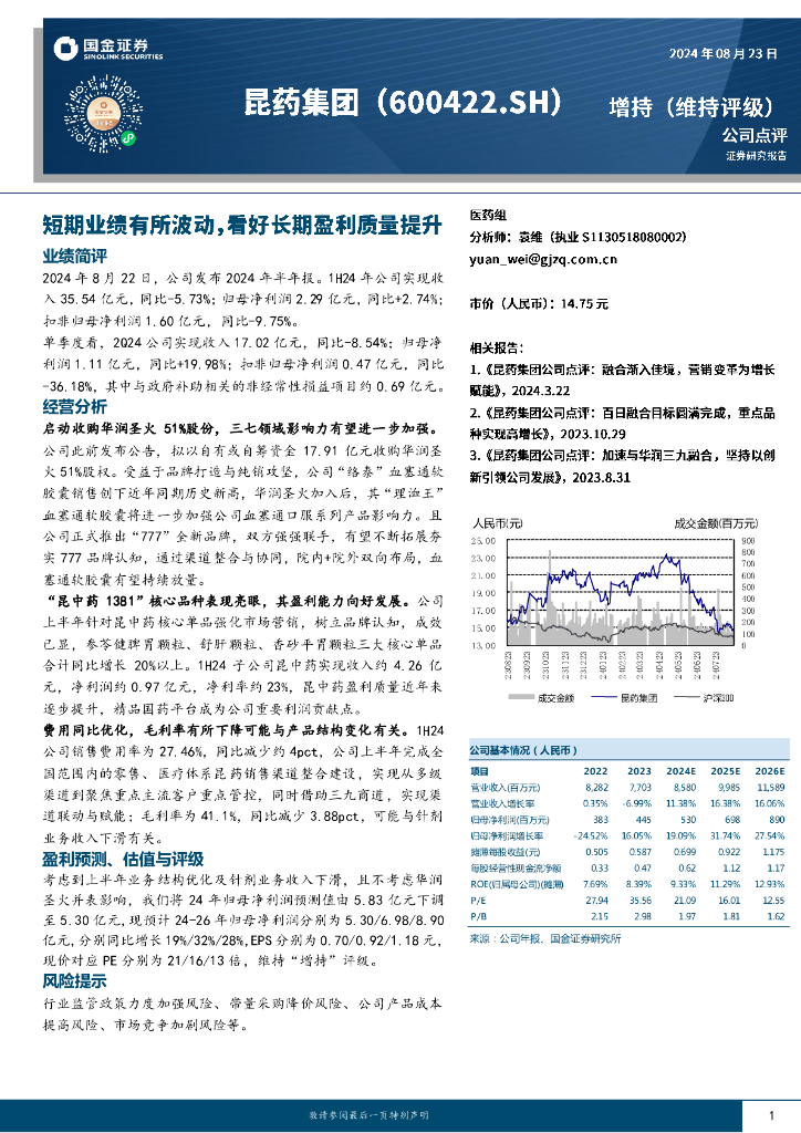 国金证券：昆药集团（600422）-短期业绩有所波动，看好长期盈利质量提升