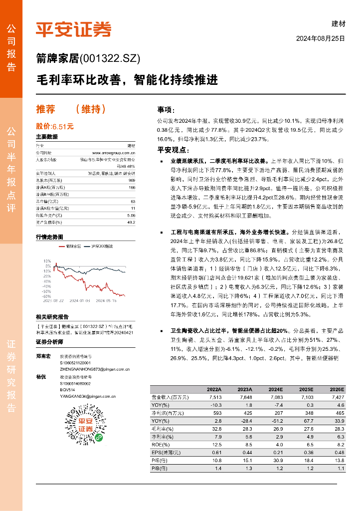平安证券：箭牌家居（001322）-毛利率环比改善，智能化持续推进