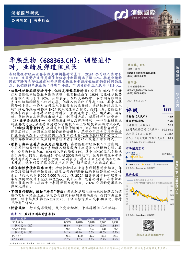 浦银国际证券：华熙生物（688363）-调整进行时，业绩反弹道阻且长