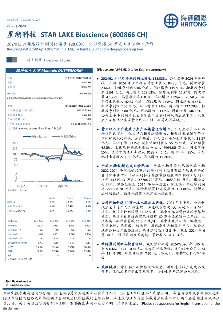 海通国际：星湖科技（600866）-2024H1扣非后净利润同比增长128.03%，公司新建60万吨玉米深加工产线