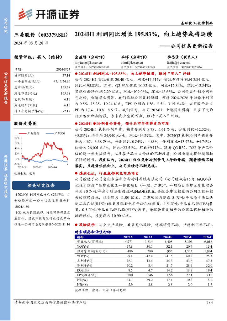 开源证券：三美股份（603379）-公司信息更新报告：2024H1利润同比增长195.83%，向上趋势或将延续