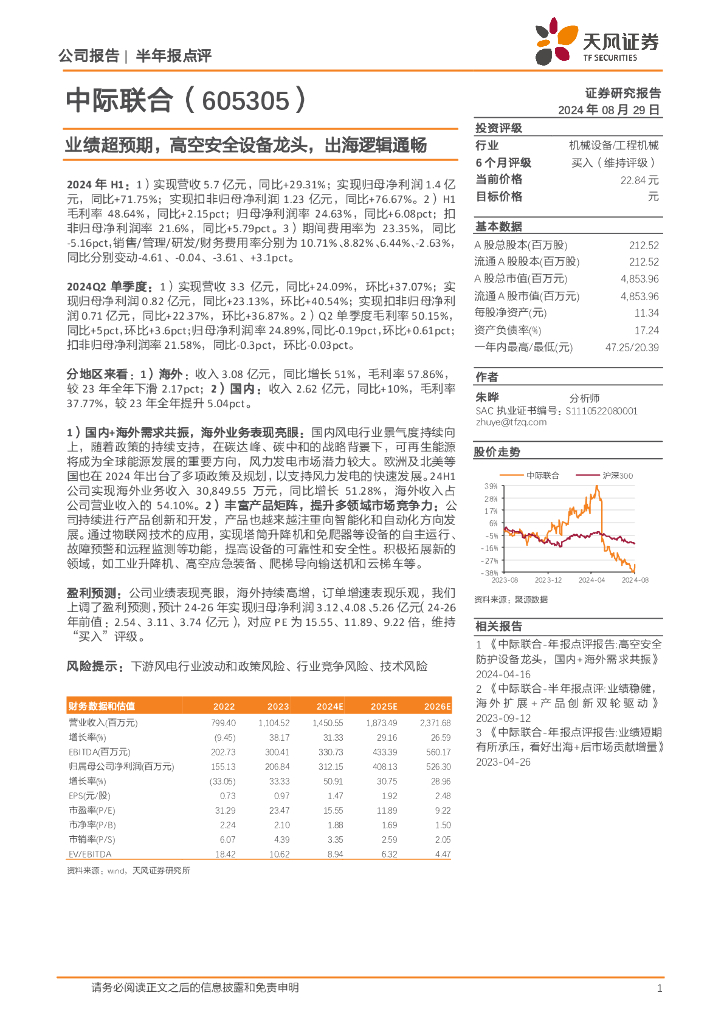 天风证券：中际联合（605305）-业绩超预期，高空安全设备龙头，出海逻辑通畅 海报