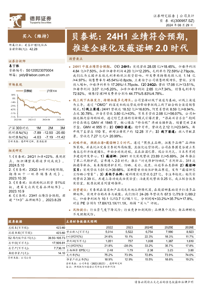 德邦证券：贝泰妮：24H1业绩符合预期，推进全球化及薇诺娜2.0时代