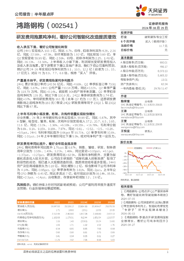 天风证券：鸿路钢构（002541）-研发费用拖累吨净利，看好公司智能化改造提质增效