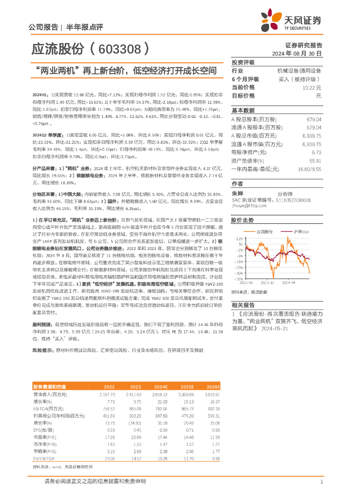 天风证券：应流股份（603308）-“两业两机”再上新台阶，低空经济打开成长空间