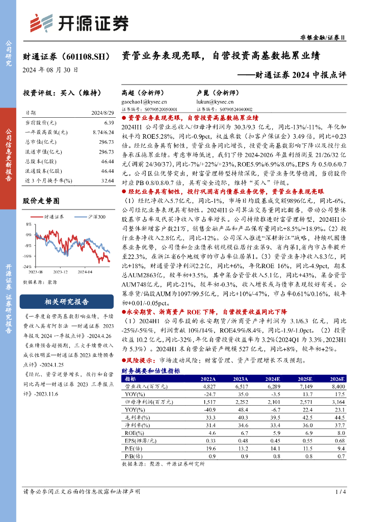 开源证券：财通证券2024中报点评：资管业务表现亮眼，自营投资高基数拖累业绩