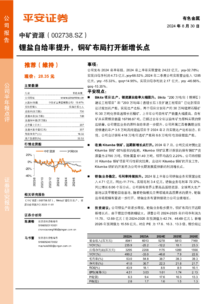 平安证券：中矿资源（002738）-锂盐自给率提升，铜矿布局打开新增长点