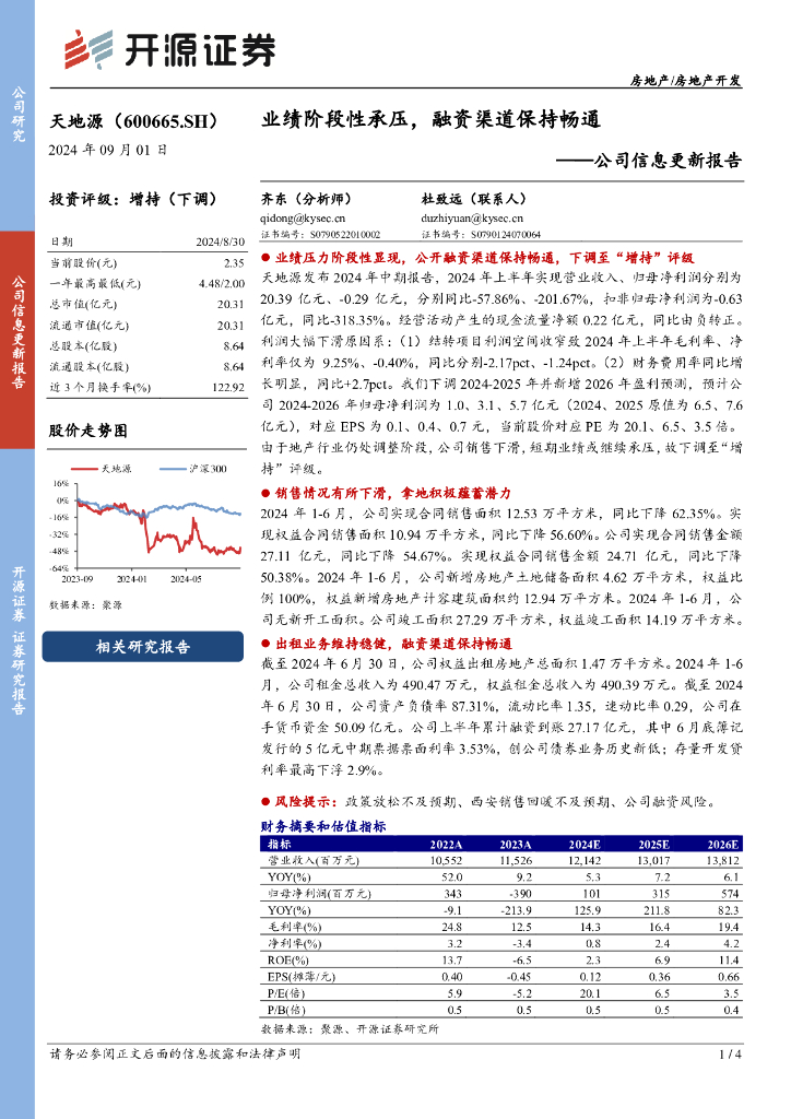 开源证券：天地源（600665）-公司信息更新报告：业绩阶段性承压，融资渠道保持畅通