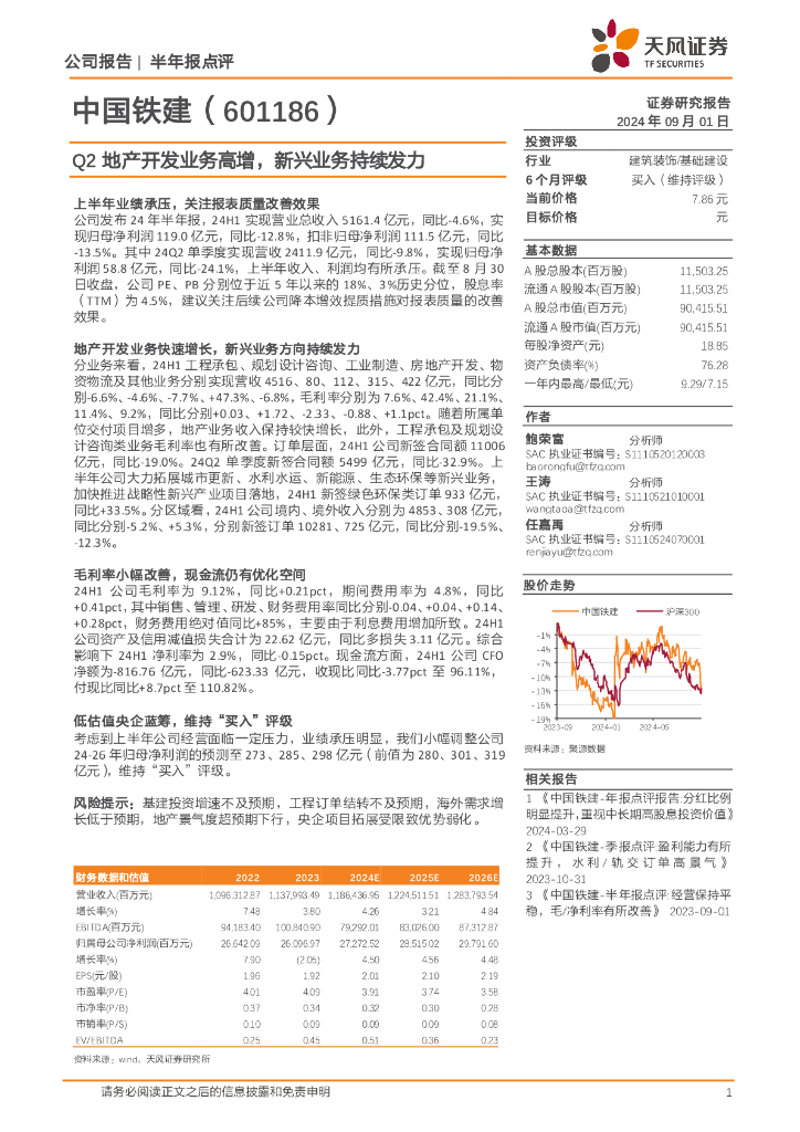 天风证券：中国铁建（601186）-Q2地产开发业务高增，新兴业务持续发力