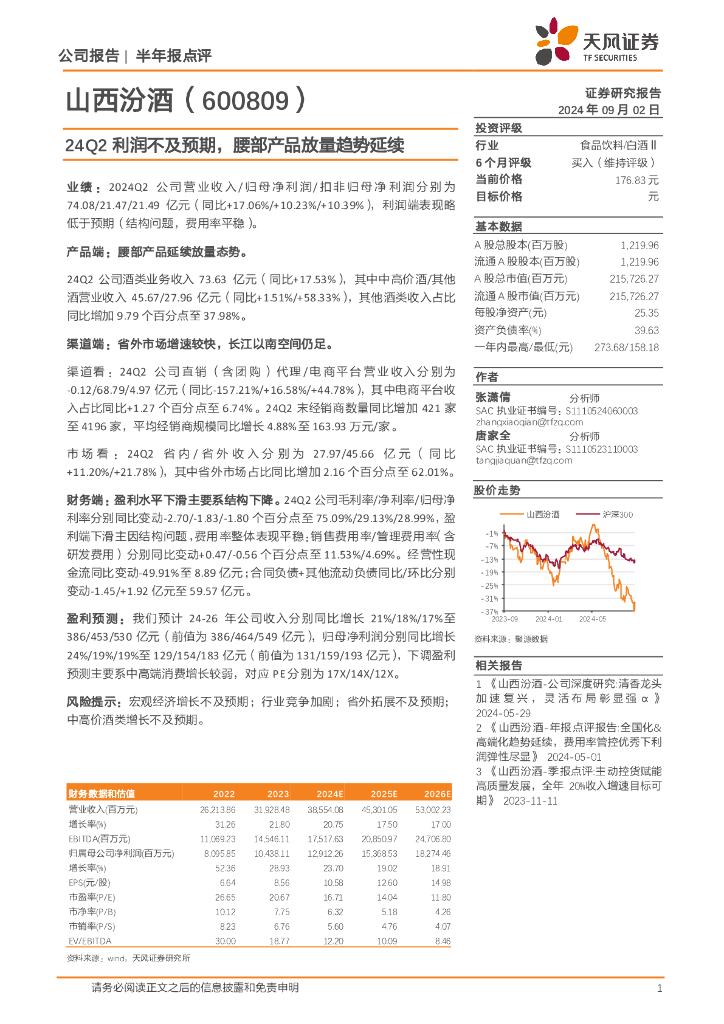 天风证券：山西汾酒（600809）-24Q2利润不及预期，腰部产品放量趋势延续