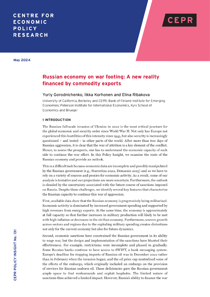 CEPR：2024年处于战争状态的俄罗斯经济：由商品出口融资的新现实报告（英文版）