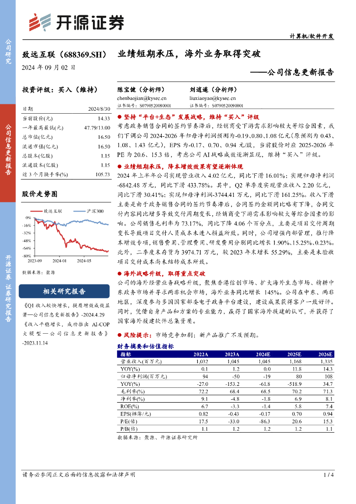 开源证券：致远互联（688369）-公司信息更新报告：业绩短期承压，海外业务取得突破