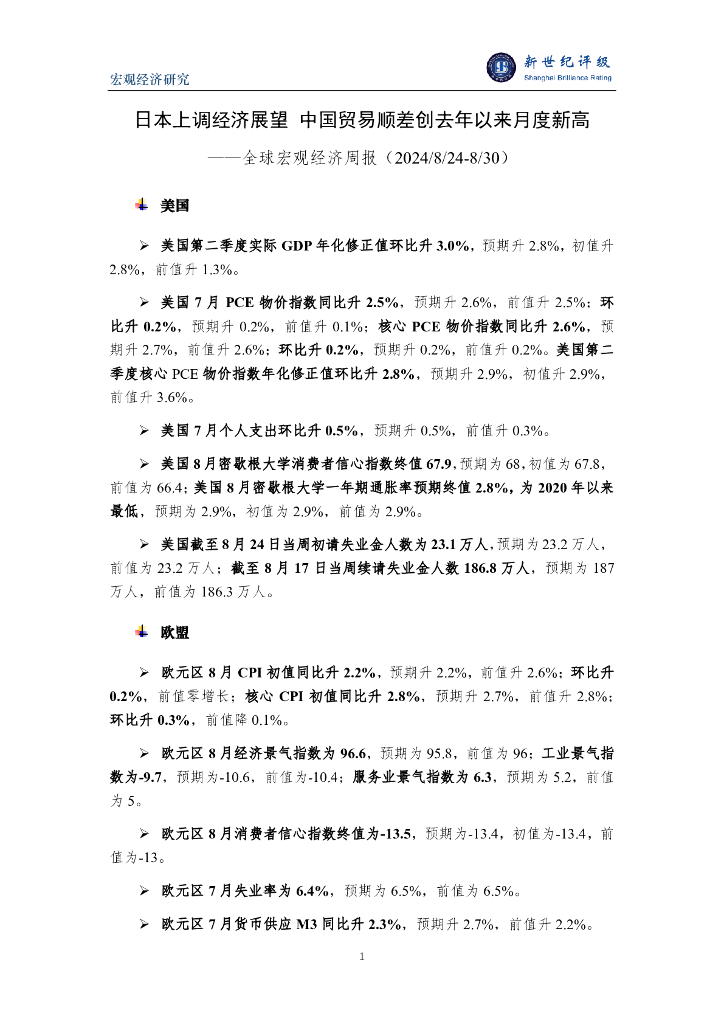 新世纪评级：日本上调经济展望：中国贸易顺差创去年以来月度新高——全球宏观经济周报（2024/8/24-8/30）.p