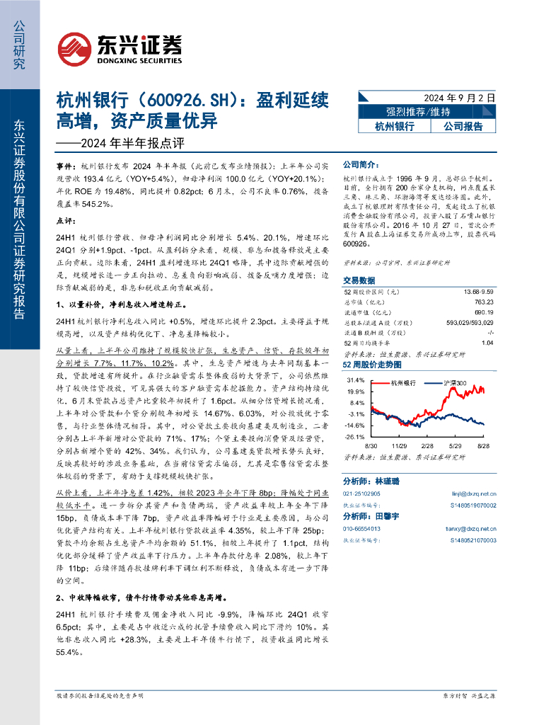 东兴证券：杭州银行（600926）-2024半年报点评：盈利延续高增，资产质量优异