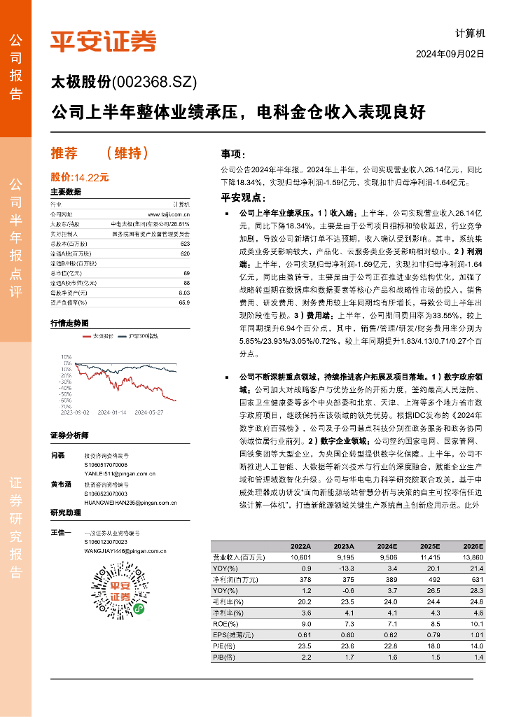 平安证券：太极股份（002368）-公司上半年整体业绩承压，电科金仓收入表现良好