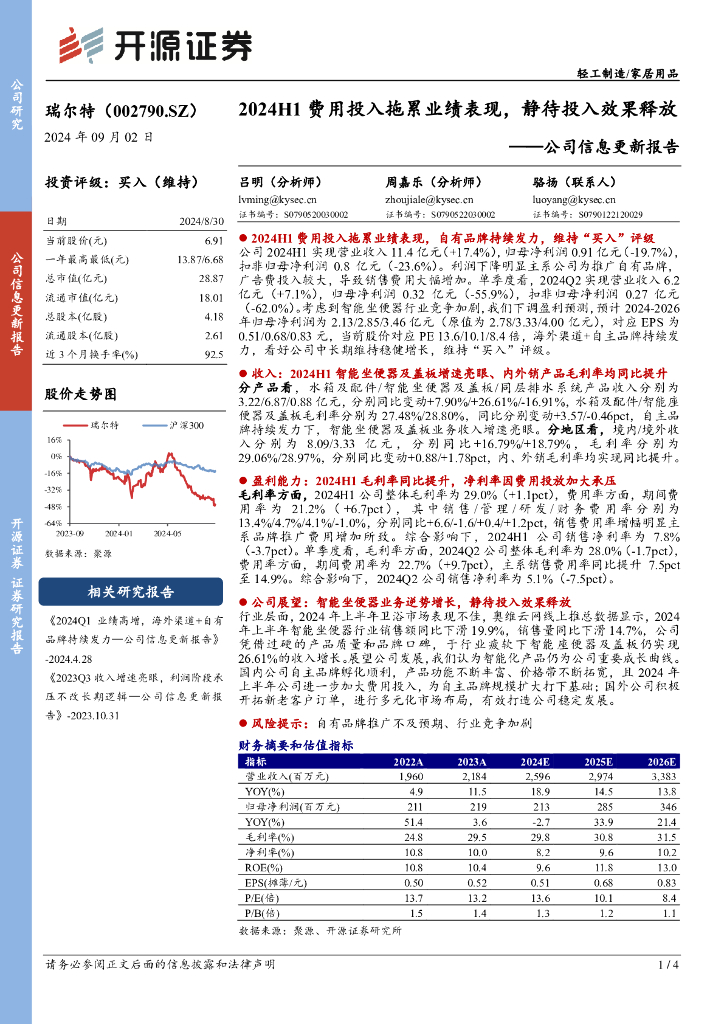 开源证券：瑞尔特（002790）-公司信息更新报告：2024H1费用投入拖累业绩表现，静待投入效果释放