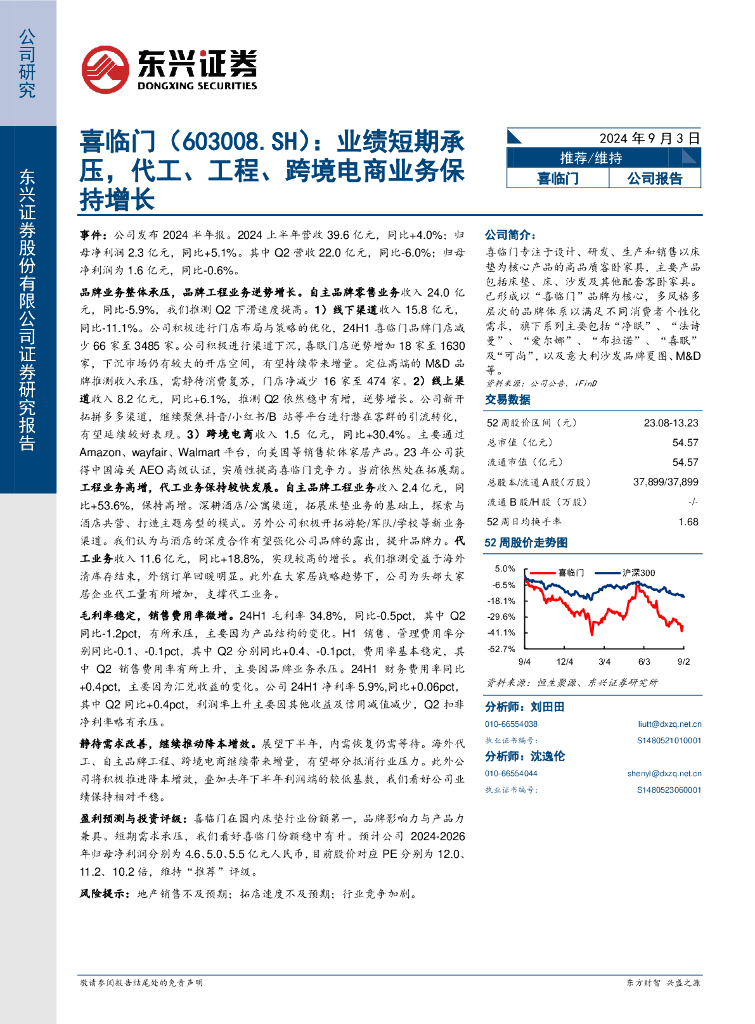 东兴证券：喜临门（603008）-业绩短期承压，代工、工程、跨境电商业务保持增长