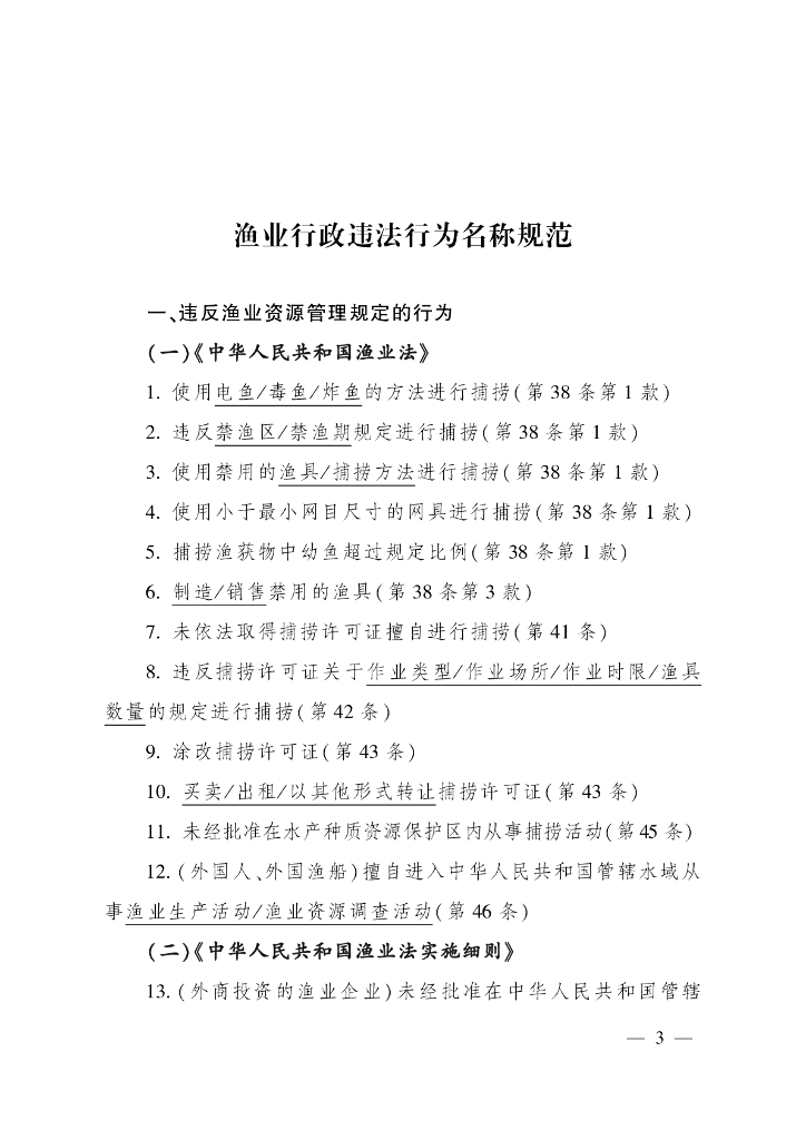 农业农村部：渔业行政违法行为名称规范