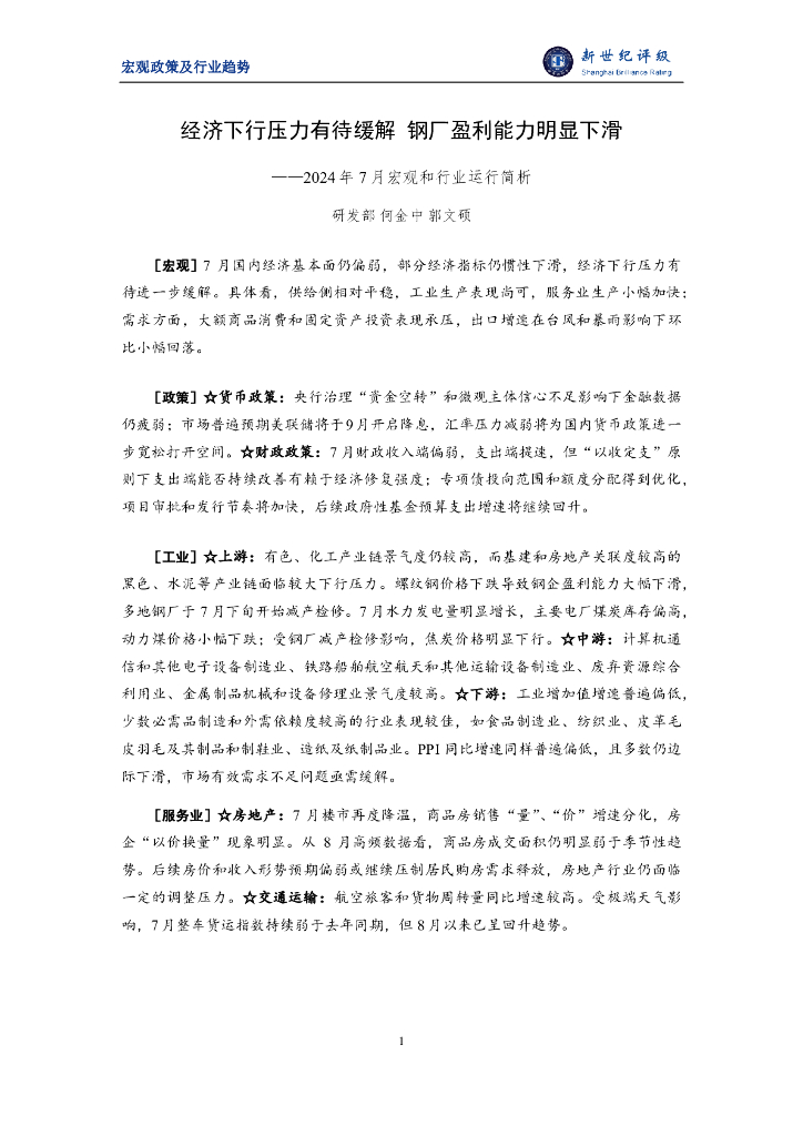 新世纪评级：经济下行压力有待缓解 钢厂盈利能力明显下滑——2024年7月宏观和行业运行简析报告