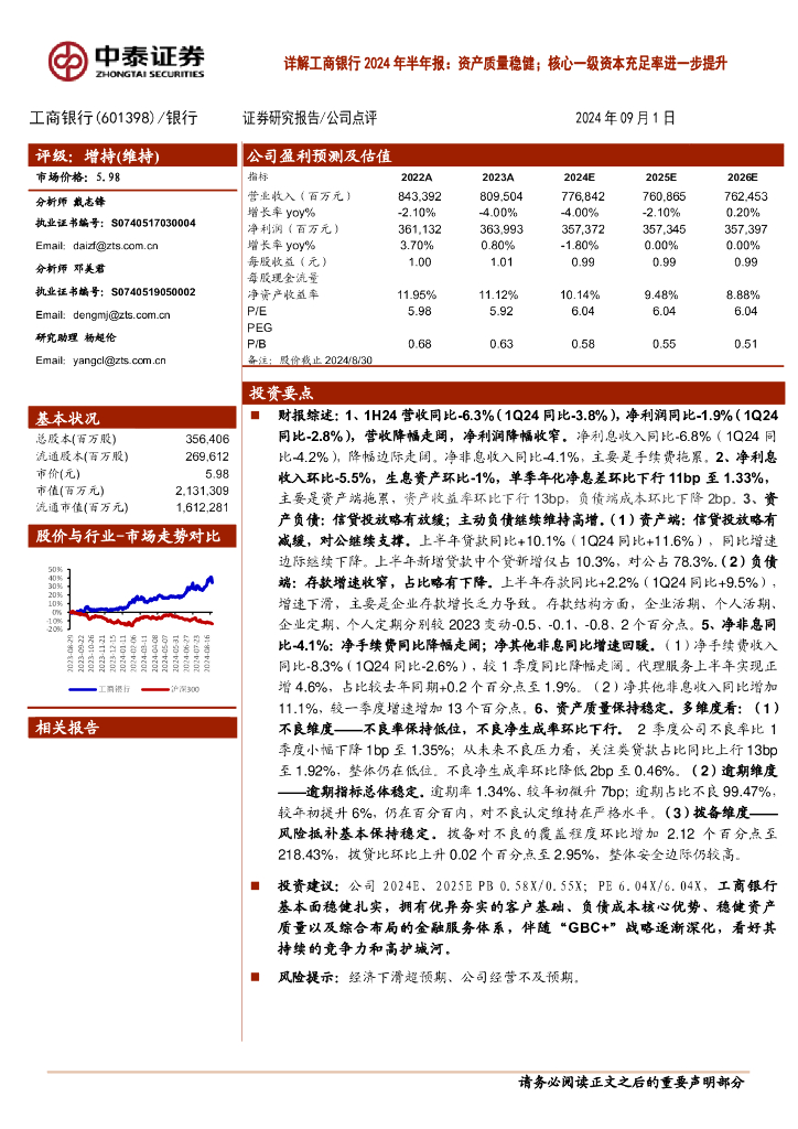 中泰证券：详解工商银行2024年半年报：资产质量稳健；核心一级资本充足率进一步提升