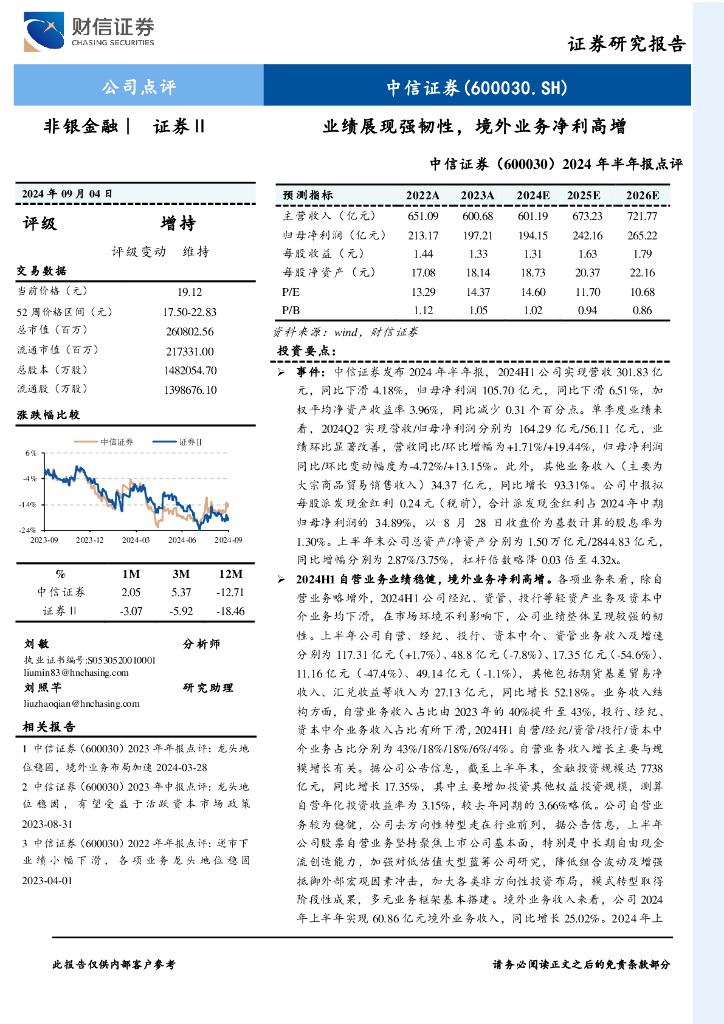 财信证券：中信证券（600030）-2024年半年报点评：业绩展现强韧性，境外业务净利高增