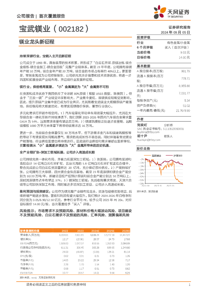 天风证券：宝武镁业（002182）-镁业龙头新征程