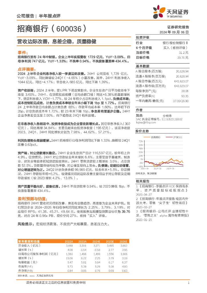 天风证券：招商银行（600036）-营收边际改善，息差企稳，质量稳健