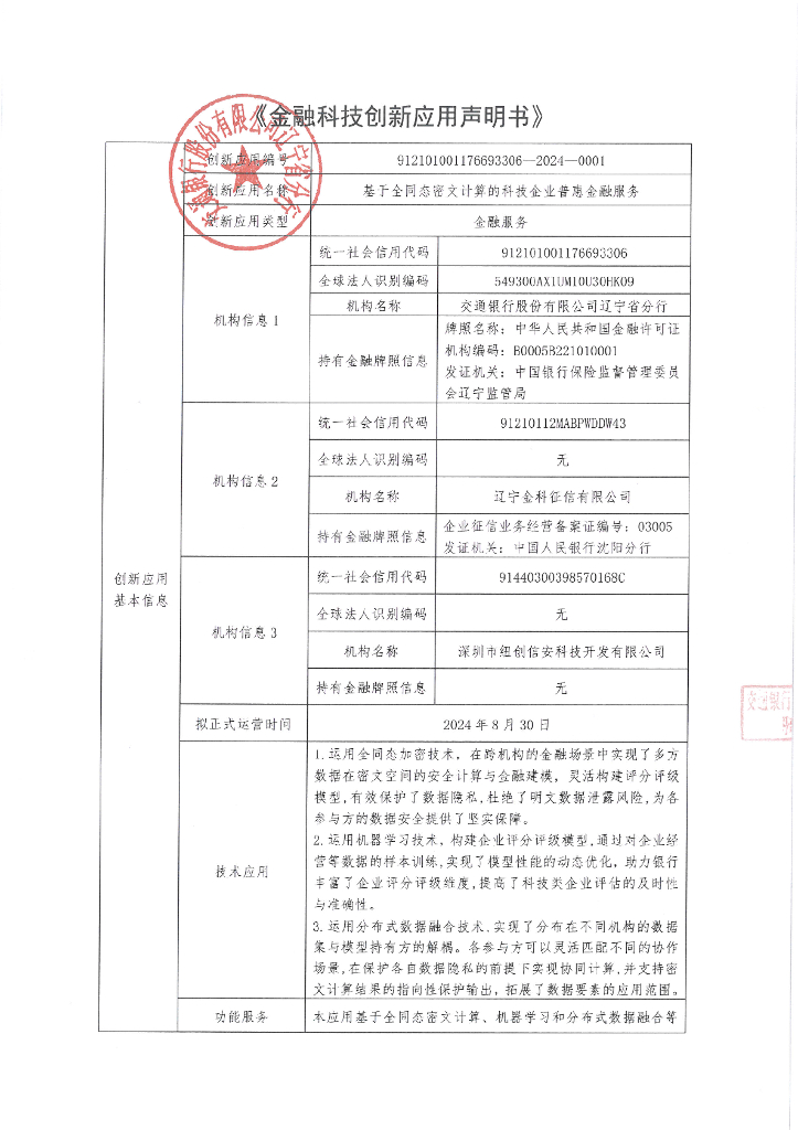 金融科技创新应用声明书：基于全同态密文计算的科技企业普惠金融服务