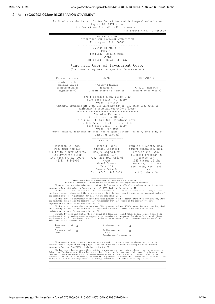 Vine Hill Capital Investment Corp.美股纳斯达克IPO上市招股说明书