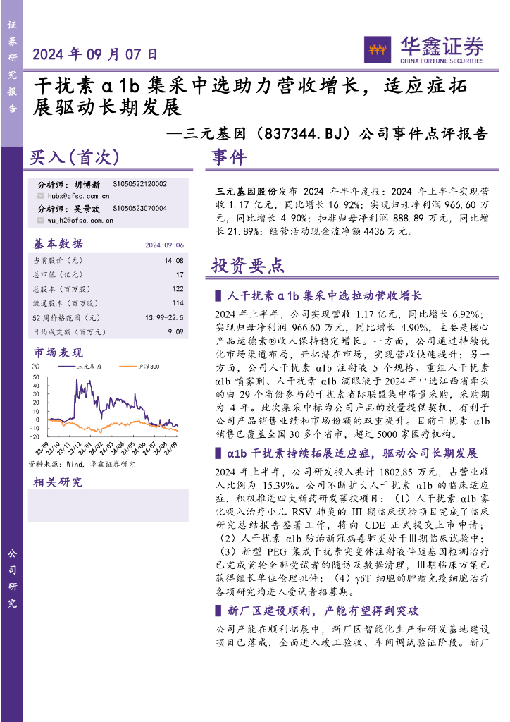 华鑫证券：三元基因（837344）-公司事件点评报告：干扰素α1b集采中选助力营收增长，适应症拓展驱动长期发展