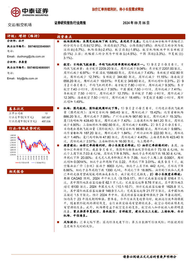 中泰证券：交运/航空机场行业周报：油价汇率持续利好，待小长假需求释放