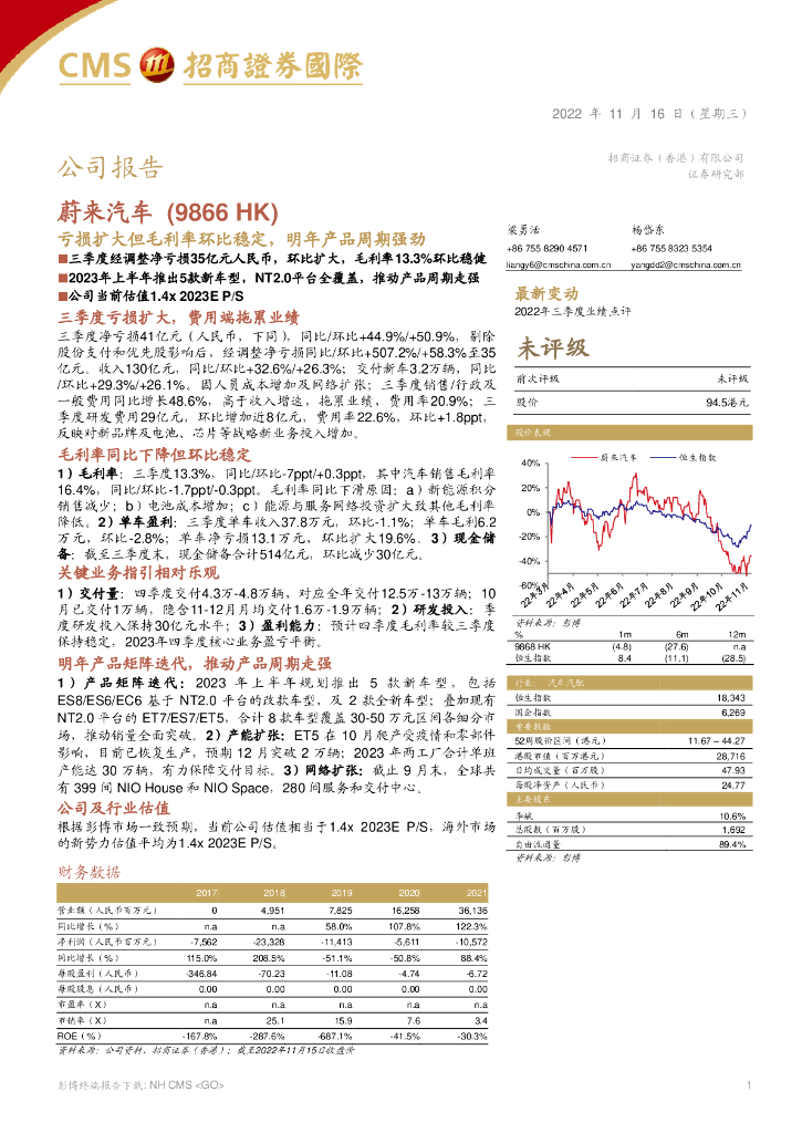招商证券(香港)：蔚来-SW（09866）港股公司研究报告-亏损扩大但毛利率环比稳定，明年产品周期强劲