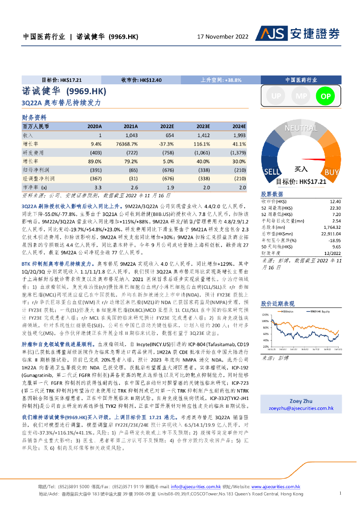 安捷证券：诺诚健华（09969）港股公司研究报告-3Q22A奥布替尼持续发力