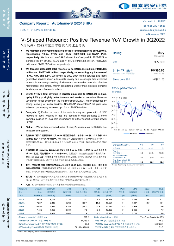国泰君安证券(香港)：汽车之家-S（02518）港股公司研究报告-V形反弹：2022年第三季度收入同比正增长