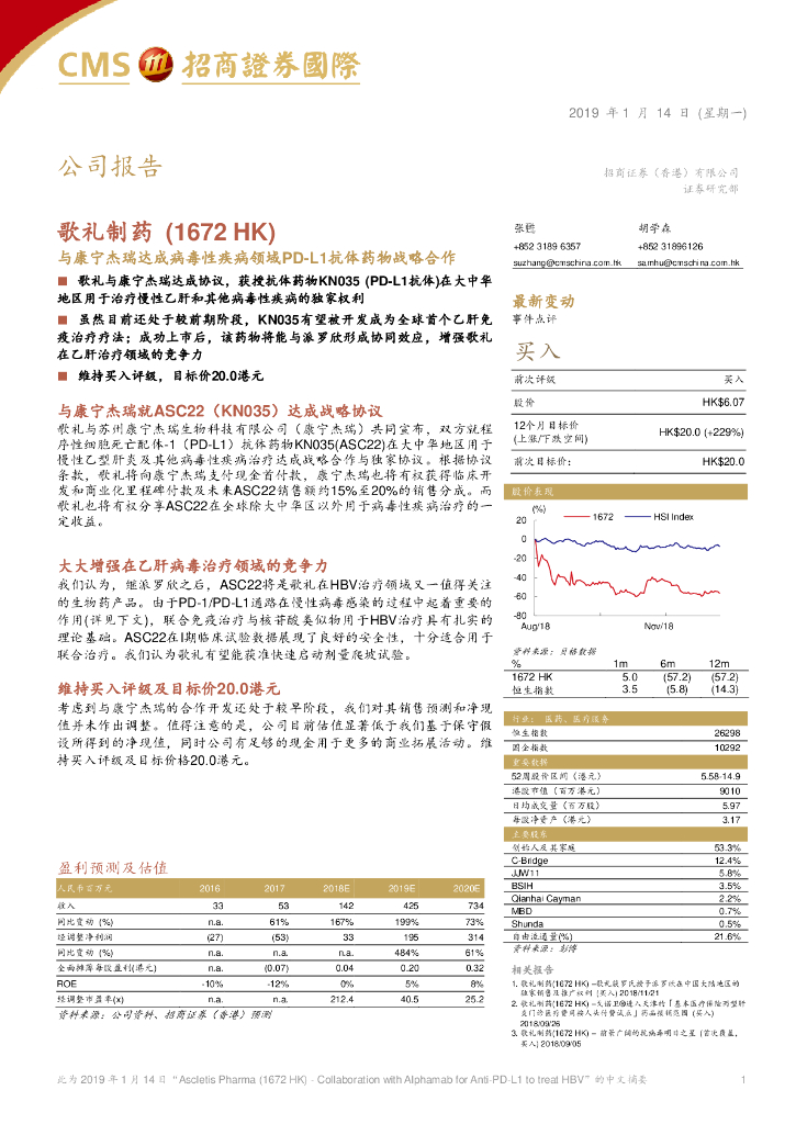 招商证券(香港)：歌礼制药-B（01672）港股公司研究报告-与康宁杰瑞达成病毒性疾病领域PD-L1抗体药物战略合作