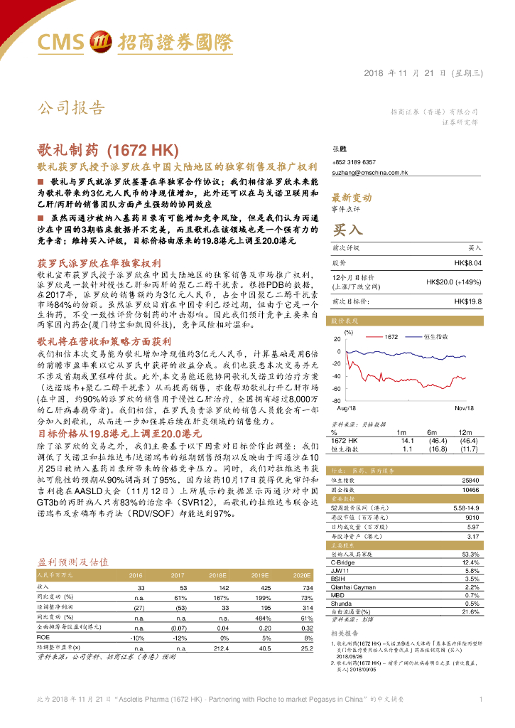 招商证券(香港)：歌礼制药-B（01672）港股公司研究报告-歌礼获罗氏授予派罗欣在中国大陆地区的独家销售及推广权利