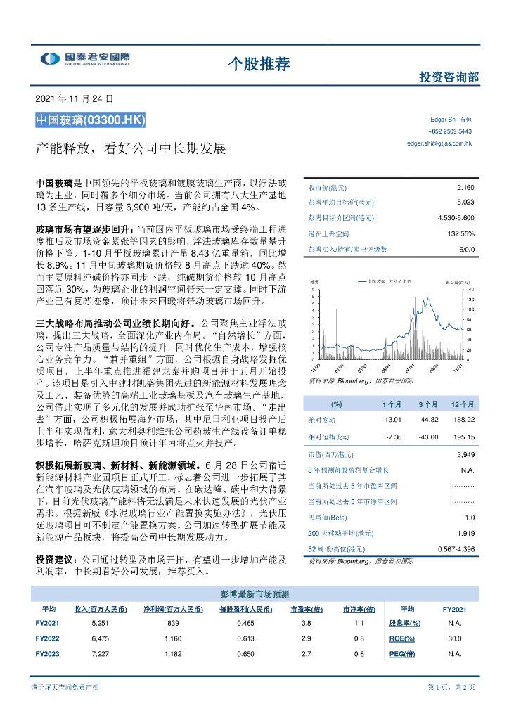 国泰君安证券(香港)：中国玻璃（03300）港股公司研究报告-产能释放，看好公司中长期发展 海报