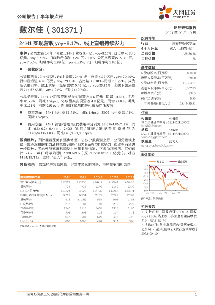天风证券：敷尔佳（301371）-24H1实现营收yoy+8.17%，线上直销持续发力