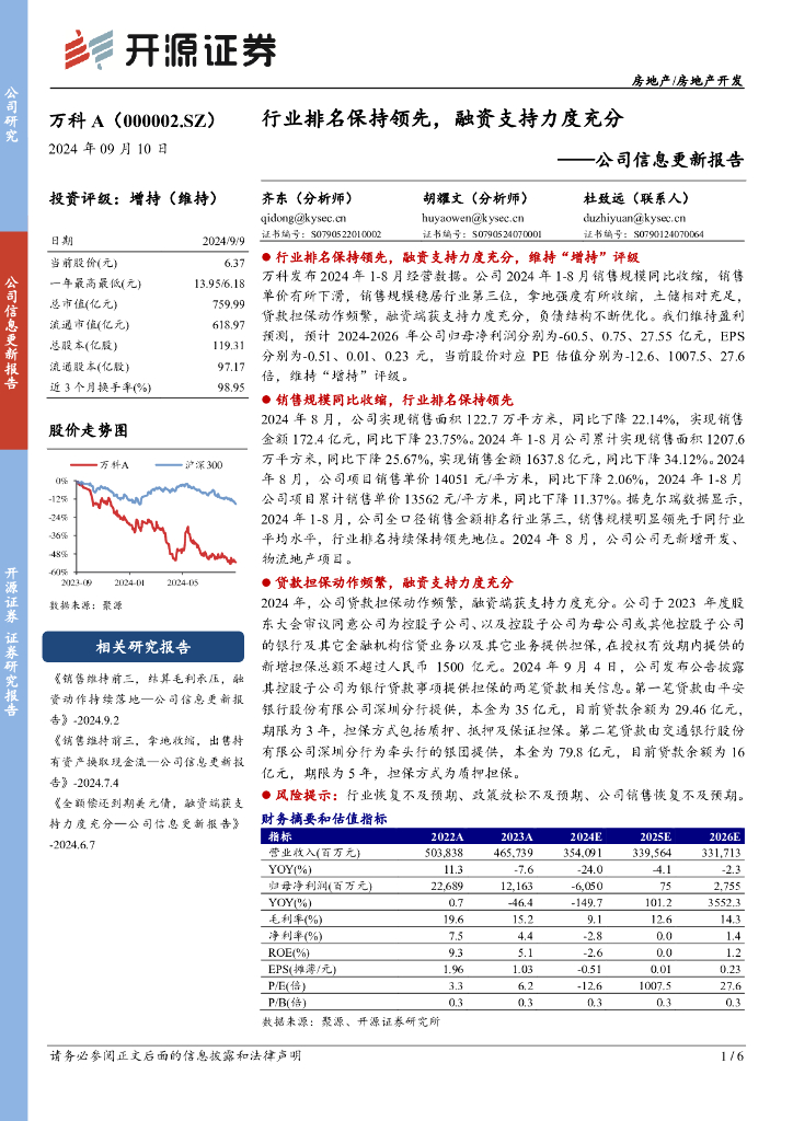 开源证券：万科A（000002）-公司信息更新报告：行业排名保持领先，融资支持力度充分
