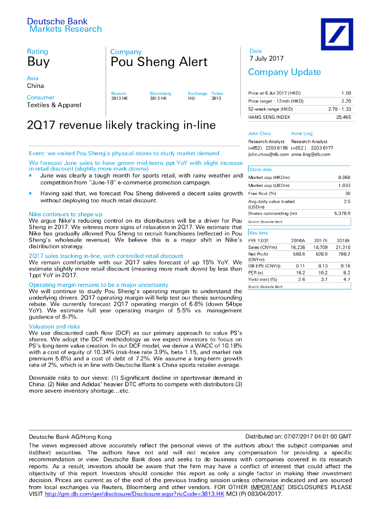 德意志银行：宝胜国际（03813）港股公司研究报告-2Q17revenuelikelytrackingin-line